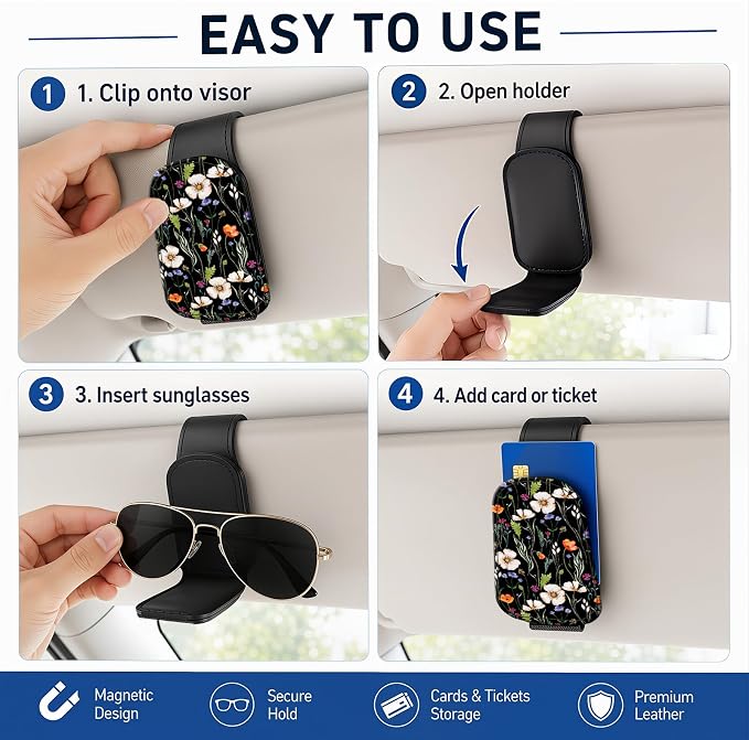 Leather Magnetic Sunglass Holder for Car Sun Visor, Cute Eyeglass Ticket Card Hanger Clip, Universal Auto Interior Accessories for SUV Pickup Truck, Wildflower Night - Image 5