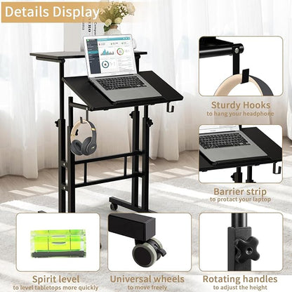 SIDUCAL Mobile Standing Desk, Portable Stand Up, Small Adjustable Converter with Wheels Home Office Workstation, Rolling Desk Laptop Cart for Standing or Sitting, Black - Image 7