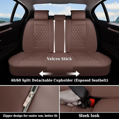 Coverado Full Set Car Seat Covers, Brown Leather Seat Protectors for Cars, Waterproof Luxury Front & Back Car Seat Covers, Universal Fit for Most Cars-Brown - Image 3
