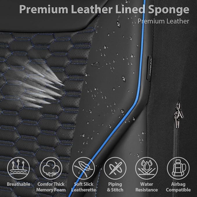 CAR PASS 3D Foam PU Leather Car Seat Covers Full Set,Luxury Breathable Faux Leather Seat Covers for Car,Anti Slip Universal Fit for SUVs Vans Sedan Truck Auto,Armrest Airbag Compatible,Black and Blue - Image 6