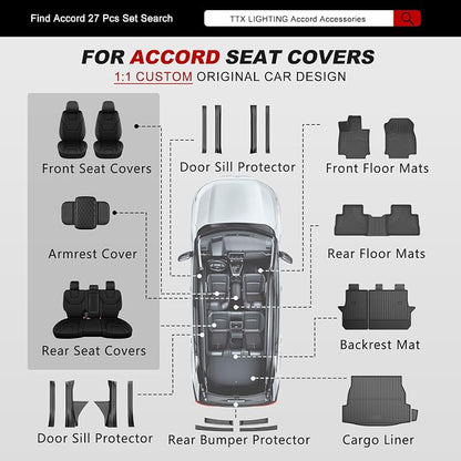 TTX LIGHTING Custom Fit Seat Covers for Honda Accord 2018-2022 | Precision Tailored Waterproof Faux Leather Full Set with Matching Interior Accessories Airbag Compatible Car Seat Protectors - Image 10
