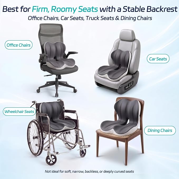 Cool & Dry Seat Cushion & Back Support for Coccyx & Lumbar Relief | Higher Back for Stable Lower-Back Support / Dual-Sided Grip Keeps It in Place / Support Without Sinking / Durable / Washable - Image 8