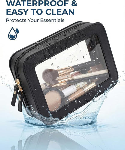 2Pcs Clear Window Travel Cosmetic Bag Set,Waterproof PU Portable Sunscreen Storage Pouch,Square Makeup Organizer Case,Summer Beach Vacation Toiletry Bag for Skincare(2Pack-Standard & Square, Black) - Image 6