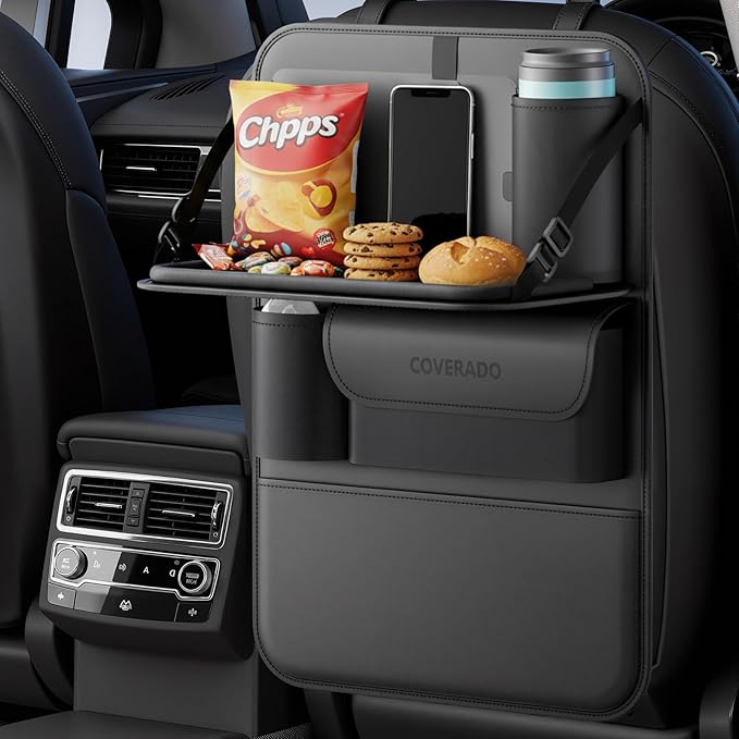 Coverado Car Backseat Organizer with Tablet Tray, Nappa Leather Organizer for Car Seat Back, Waterproof Car Seat Organizer with Touch Screen, Seat Protector Kick Mats for Kids by COVERADOAUTO