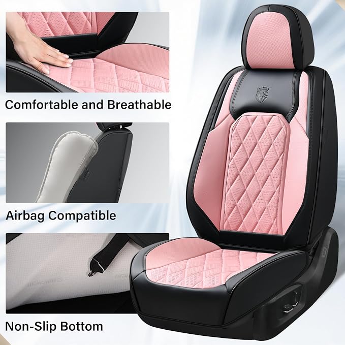 Coverado Leather Seat Covers, Car Seat Cover Front Seats, Waterproof Seat Covers, Luxury Faux Leather Car Seat Protectors, Black and Pink Car Seat Cover Universal Fit for Most Cars - Image 3