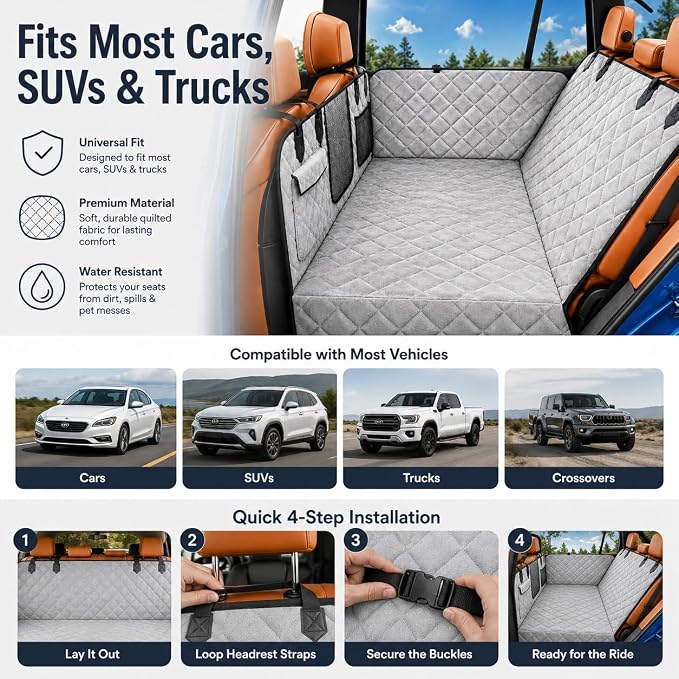 IJVAE Dog Car Seat Cover for Back Seat, Gray Flannel Hard Bottom Back Seat Extender Holds Up to 500 lbs, Waterproof Backing, Nonslip Dog Hammock for Cars, SUVs and Small Trucks - Image 6