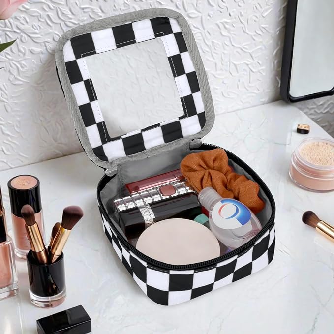 DOB SECHS Mini Checkered Bag for Purse 5.1'' x 5.1'' Small Makeup Bag for Car Cute Clear Cosmetic Bags with Zippers, Tiny Toiletry Bag Lipstick Pouch Organizer Case Travel Essentials Storage Pouches - Image 4