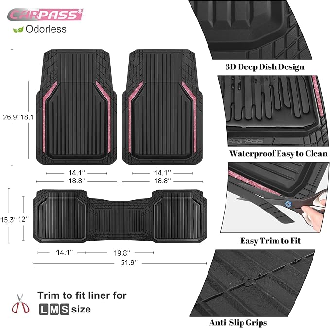 CAR PASS Pink Heavy Duty Rubber Floor Mats for Car, Waterproof Liner Deep Dish Bling Car Mats Full Sets, Universal Trim to Fit for SUV Truck Sedans Vans, All Weather Floor Mats, Pink Sparkly - Image 3