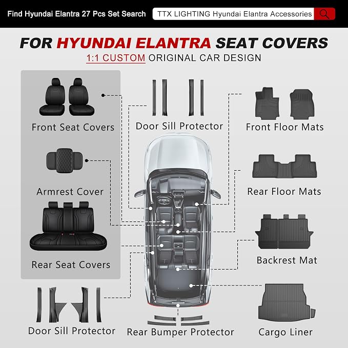 TTX LIGHTING Custom Fit Front Seat Covers for Hyundai Elantra 2016-2025 | Original Seat Pattern Faux Leather Waterproof Car Seat Protectors Airbag Compatible 2-Piece Set - Image 8