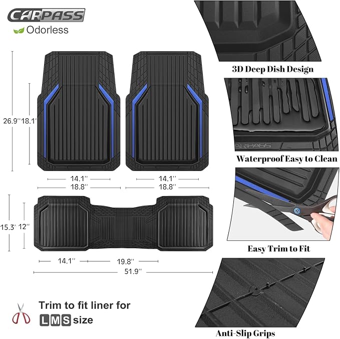 CAR PASS Heavy Duty Rubber Floor Mats for Car, Waterproof Liner Deep Dish Car Mats Full Sets, Universal Trim to Fit for SUV Truck Sedans Vans, All Weather Automotive Floor Mats 3pcs, Black Blue - Image 3
