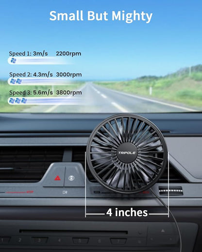 TriPole Car Fan USB Powered, 360°Rotation Portable Cooling Fan for Car Vent | 3-Speed USB Car Fan, Vent Clip Design, Powerful Wind, Quiet Brushless Motor, Air Circulation for Vehicle, Van, Truck, SUV, RV - Image 3