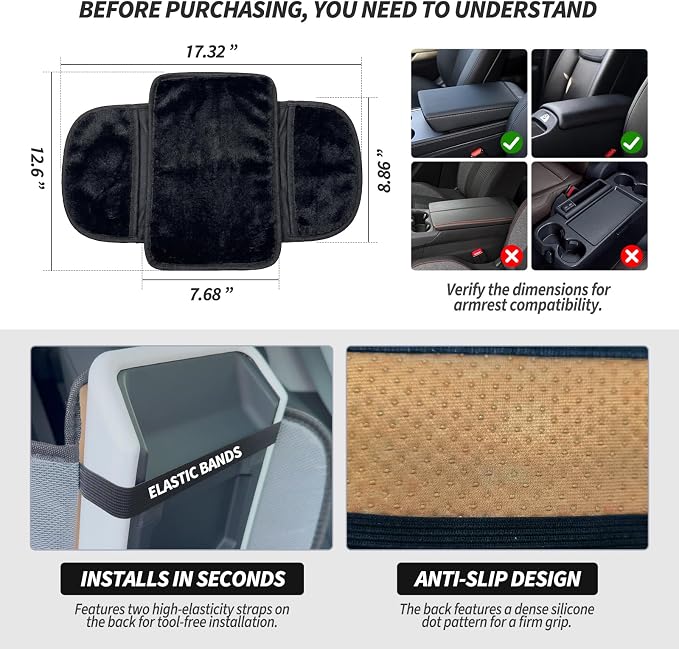 Plush Fuzzy Fur Car Armrest Cover with Side Pockets,Black | Fluffy Armrest Cushion Pad,Soft Center Console Cover,Car Interior Storage Accessories ,for Most Car Decoration Protector - Image 2
