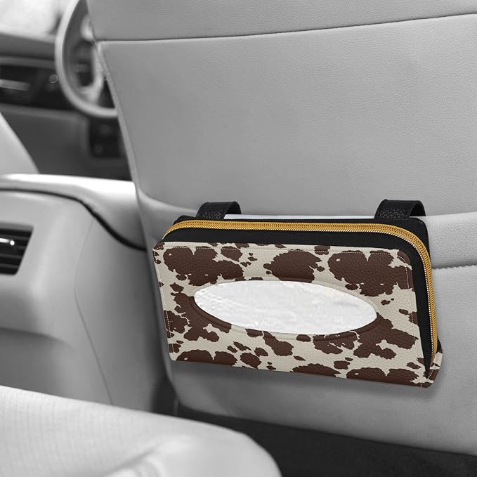 Biyejit Brown Cow Print PU Leather Car Tissue Holder, Classic, Rectangular - Image 6