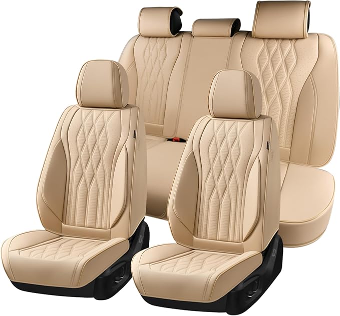 Coverado Seat Covers FullSet, 5 Seats Car Seat Protector, Waterproof Nappa Leather Cushion, Front & Rear Fit for Most Sedans SUV Pick-up Truck-Beige by COVERADOAUTO