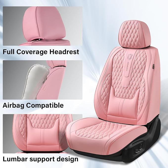 Coverado Seat Covers Full Set, Pink Car Seat Covers, Waterproof Car Seat Cover with Lumbar Support, Leather Car Seat Cushion Protector, Car Seat Covers Universal Fit Most Cars - Image 3