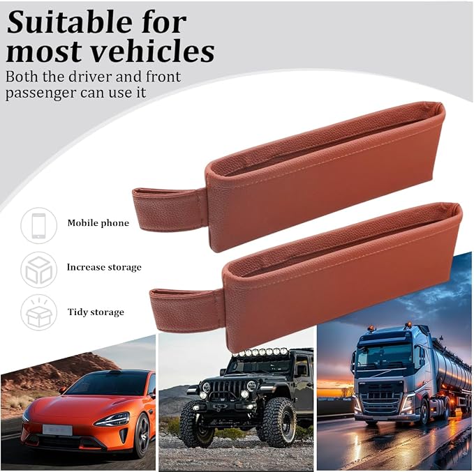 2PCS Car Seat Gap Filler Organizer, Leather Seat Gap Catcher Holder Pocket for Phones Keys Glasses, Auto Center Console Side Crevice Stopper Storage Box, Universal for Vehicles (Brown) - Image 4