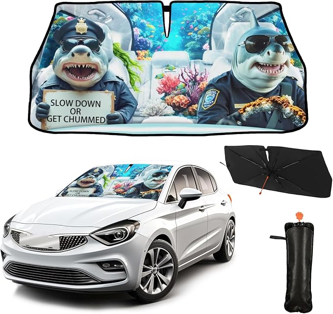 CHILL·TEK Funny Animal Car Windshield Sun Shade Umbrella, Funny Sharks Car Sun Shade Umbrella, Block UV Rays Heat Foldable Windshield Umbrella Sun Visor Protector - Keep Vehicle Cool for Cars SUV by CHILL%C2%B7TEK