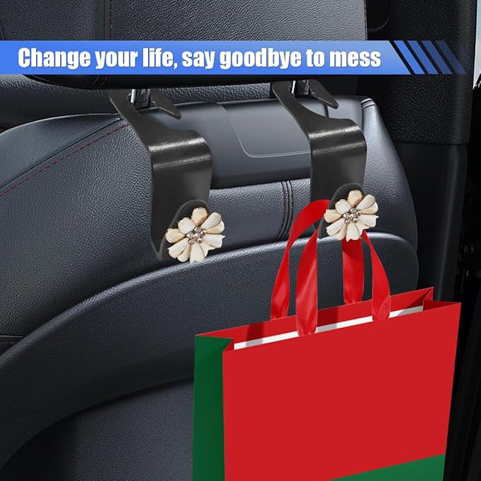 Craedli 2PCS Bling Car Seat Headrest Hook, Cute Rhinestone Flower Seat Back Storage Organizer Hanger Car Purse and Bag Hooks Holder, Universal Interior Accessories for Handbag Grocery Bag Coat (White) - Image 3