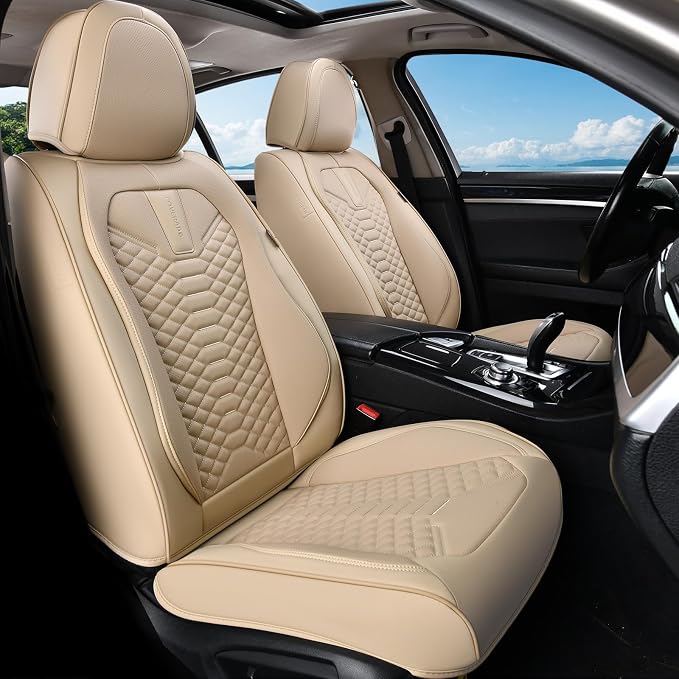 Coverado Car Seat Covers Full Set, Waterproof Nappa Leather Seat Covers for Cars, Universal 5 Seats Car Seat Covers, Front and Back Car Seat Protector, Auto Seat Covers Fit for Most Cars, Beige - Image 8