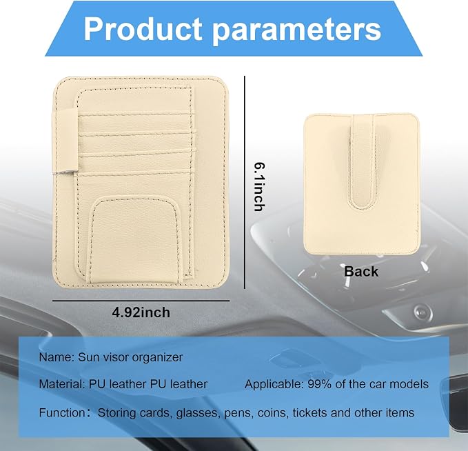 Augeny Car Sun Visor Organizer, Small Auto Visor Organizer and Storage, Registration and Document Holder, Vehicle Accessories for Sunglasses, Document, Card, Pen, Driver License (Beige) - Image 2