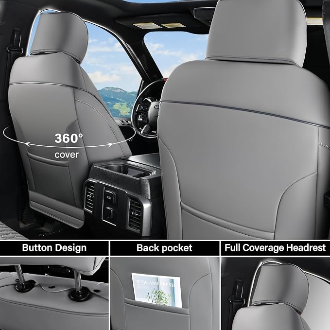 Coverado Chevy Chevrolet Silverado GMC Sierra Seat Covers, Custom Fit for 2007-2026 1500, 2015-2026 2500HD 3500HD Crew Double Extended Cab Truck, Faux Waterproof Leather Seat Covers (Front, Gray) - Image 2