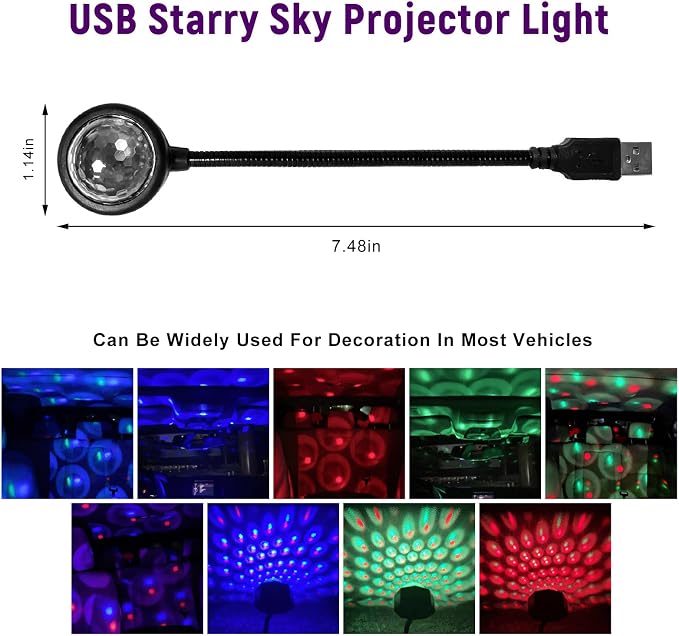 USB Star Night Light Projector, Romantic Sound Activated Car Interior Atmosphere Lamp, Portable LED Night Light for Vehicle Bedroom Party Ceiling, Car Accessories - Image 2