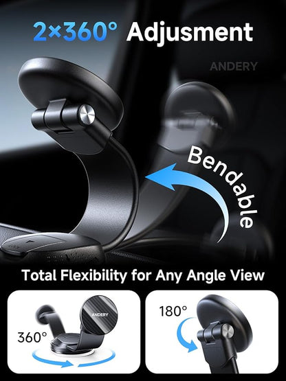 ANDERY Only for iPhone Magsafe Car Mount [360° Adjustable Memory Alloy Arm] | 2400gf Strong Magnetic Power, Bendable Phone Holders for Your Car, Car Phone Holder with Dashboard Pad, for iPhone 17-12 - Image 4