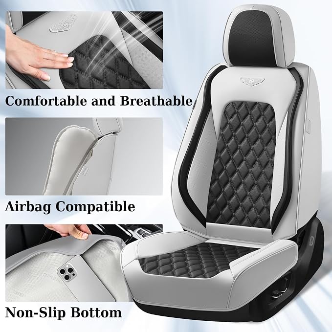 Coverado Universal Car Seat Covers Full Set, Luxury Stain-Resistant Waterproof Faux Leather Front & Rear Seat Protectors, Elegant Easy-Clean Automotive Interior – WhiteBlack - Image 6