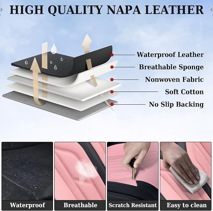 Coverado Car Seat Covers Full Set, Car Seat Protectors Leather Seat Covers for Cars, Automotive Seat Covers Car Accessories Universal Fit for Most Sedans SUV Pick-up Truck(Black&Pink) - Image 7
