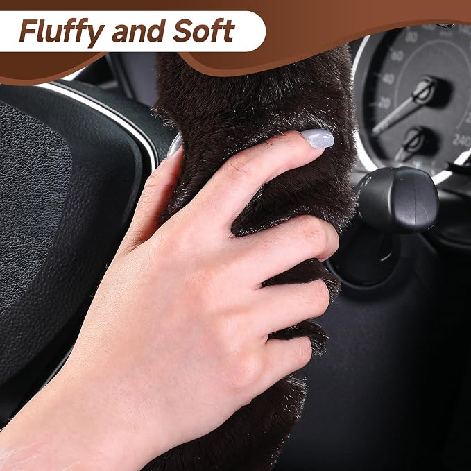 SEG Direct Fluffy Furry Steering Wheel Cover Fuzzy Gear Shift Coffee Brown | 2 PCS Set, Gear Shift Cover, Soft and Warm, Cute Fur Auto Decor, Standard Size 14.5- 15 inch for Women Men - Image 3