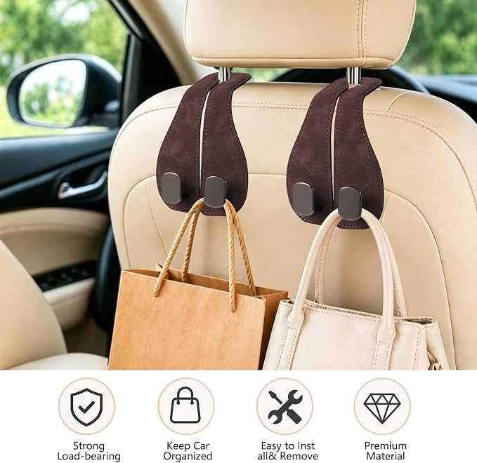 Car Seat Headrest Hook 2 Pack, Upgraded Metal Core with Soft Suede Wrap, 360° Rotating Car Backseat Hook Holder for Purses, Groceries, Coffee, 33 lbs Capacity, Universal Fit for Most Vehicles (brown) - Image 6