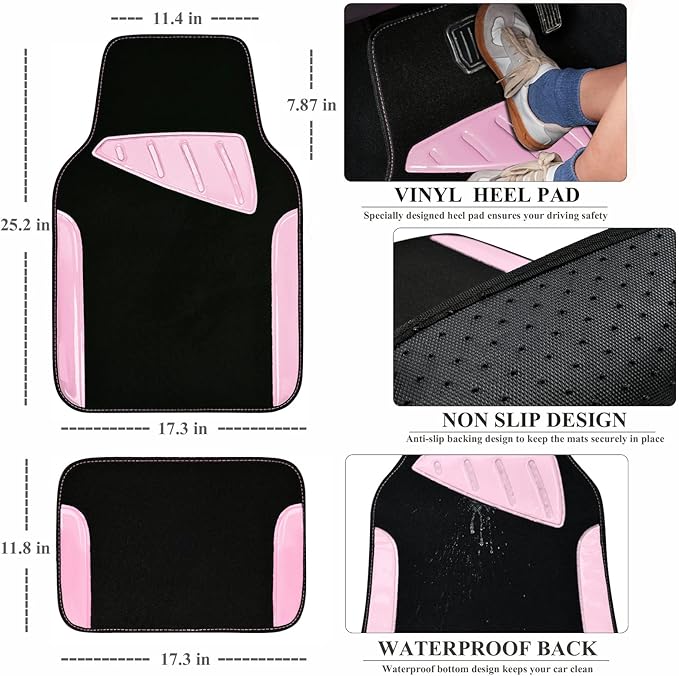 CAR PASS Jelly Waterproof Universal Fit Car Floor Mats, Girly Car Carpet Mats with Anti-Slip Nibbs Backing & Driver Heel Pad Fit for SUV, Vans, sedans, Cute car mats of 4pcs for Women (Pink) - Image 2