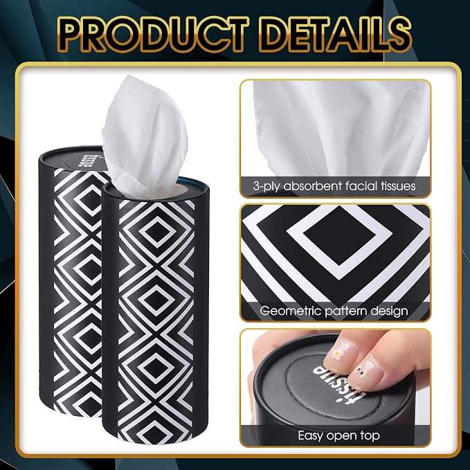 Outus 12 Pcs Geometric Car Tissues Cylinder Holder with 3 Ply Facial Tissue Bulk Black White Round Tissue Holder Travel Tissues Boxes Container for Car Cup Wedding Birthday Party - Image 3