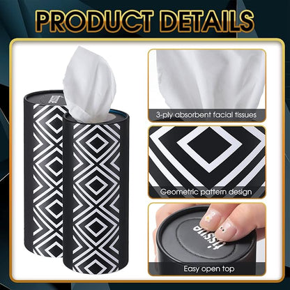 Outus 12 Pcs Geometric Car Tissues Cylinder Holder with 3 Ply Facial Tissue Bulk Black White Round Tissue Holder Travel Tissues Boxes Container for Car Cup Wedding Birthday Party - Image 3
