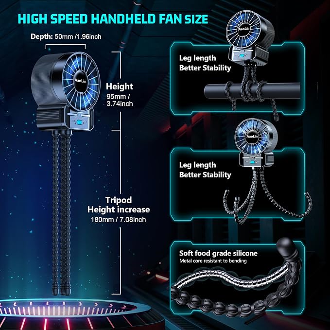 2 Pack Multifunctional Portable Stroller Fan 4 Speed 6600rpm High Speed Usb Rechargeable Personal Mini Handheld Fan Extended Tripod For Desktop Winding Kids Bed Treadmill Bike Golf Cart Outdoor Travel - Image 5