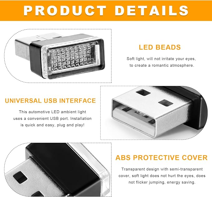 Sun Walker 2 PCS USB LED Car Interior Atmosphere Lamp, Plug-in USB Interface Trunk Ambient Light LED Decoration, Mini Portable Interior Night Lighting Kit for Most Vehicles (Ice Blue) - Image 3