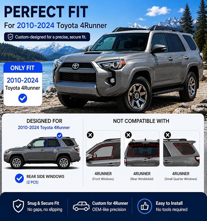 Car Window Shades for 2010-2024 Toyota 4Runner Rear Window Mesh Sun Shade | Rear Side Window Sunshade, Breathable Privacy Window Covers, UV Protection & Heat Insulation, for Baby Camping Napping, 2PCS - Image 5