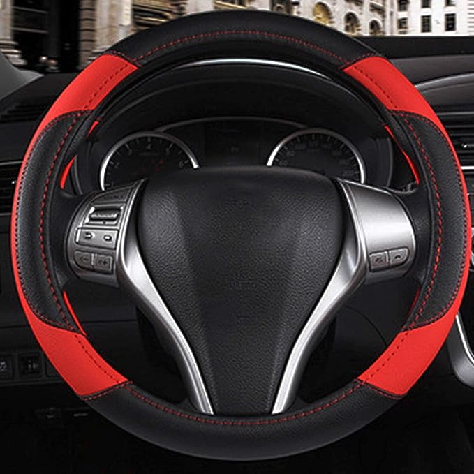 Leather Car Steering Wheel Cover Universal Fit for Most Cars, Black & Red | Microfiber Leather,Non-Slip Breathable Auto Steering Wheel Protector - Image 2