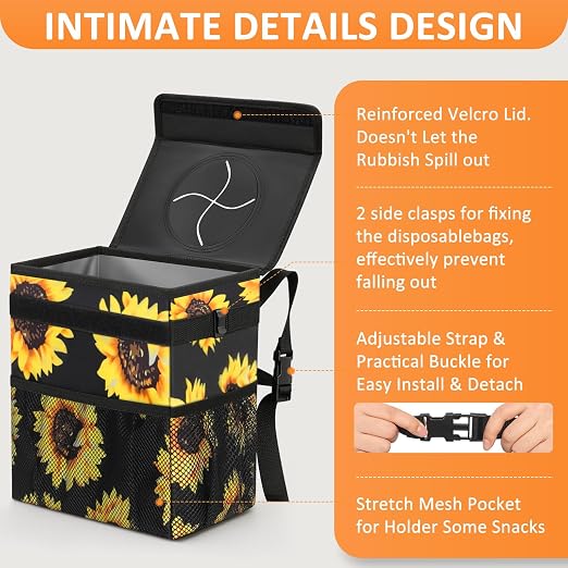 Vankor Car Trash Can with Lid Leak Proof Car Accessories for Women | 3 Gallon Cute Hanging Car Trash Bin for Men Car Truck Vehicle Sedan SUV Interior Automotive Garbage Cans, Sunflower - Image 4