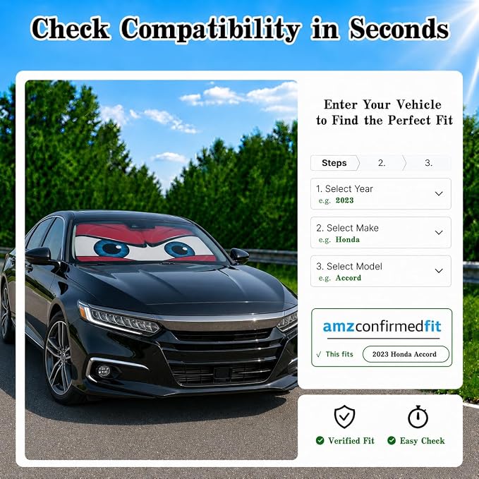 Car Windshield Sun Shade Umbrella, Universal Fit Mid-Large Sedan SUV | 57 x 31" Car Sun Visor, Foldable UV Heat Blocking Front Window Sunshade with Rearview Mirror Cutout, Cute Eyes Series - Image 9
