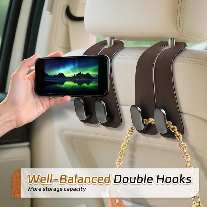 Car Seat Headrest Hooks, 2PCS Universal Car Purse Hook Leather Car Bag Hook | Brown Car Bag Purse Holder with Double Metal Hooks for Handbags, Grocery Bags, Bottles, Phones - Image 3
