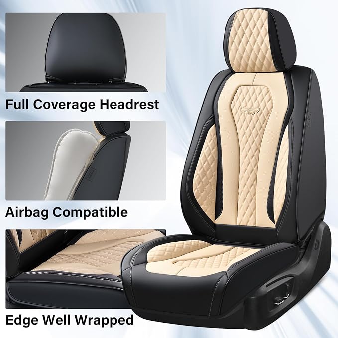 Coverado Automotive Seat Covers Front Seats, Seat Covers 2 Pack, Beige Car Seat Cover, Waterproof Auto Seat Covers, Car Seat Cushion, Front Car Seat Covers Leather Car Seat Protector Fit for Most Cars - Image 2