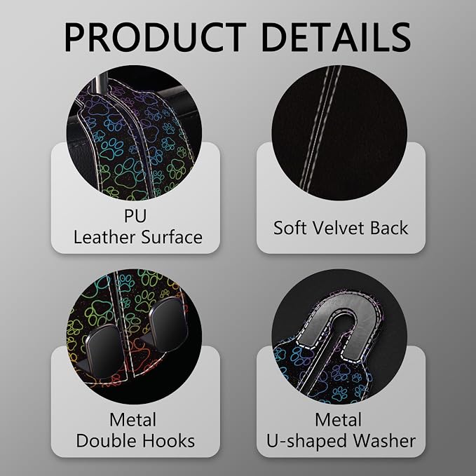 Blusabaca 2PCS Car Seat Headrest Hooks, Purses Bags Holder, Dog Paw | PU Leather, Double Metal Back Storage Hangers for Grocery Bags Handbags Bottles Coats Phones, Car Accessories Organization - Image 4