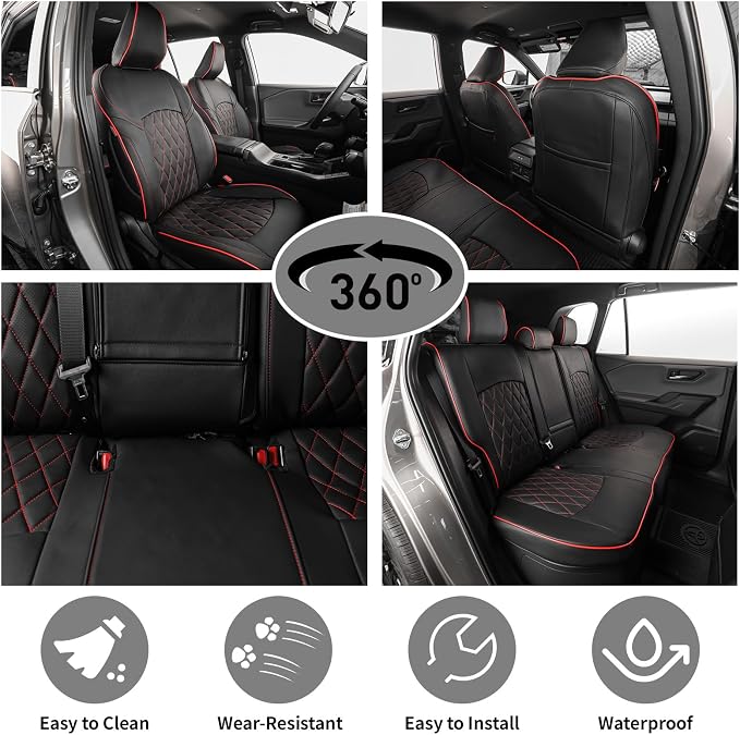 EKR Car Challenger Seat Covers 2008-2010,Leatherette Full Set | Custom Fit for Dodge Challenger 2008 2009 2010-Faux Leather(Black with Red Piping) - Image 3