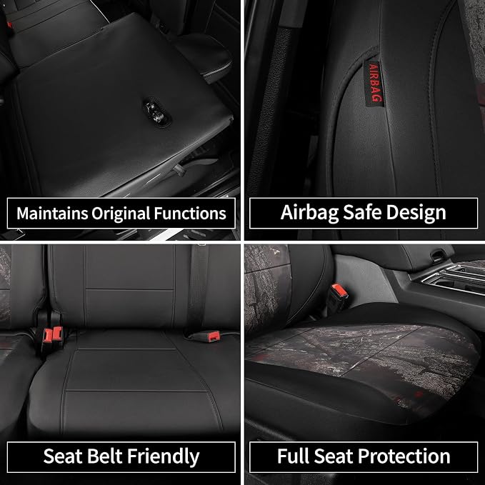 EKR F150 Seat Covers for (4 Door,SuperCrew) 2015-2020 Ford F150 & (CrewCab) 2017-2022 F250/F350/F450 SuperDuty Limited/King Ranch/Lariat/Platinum Full Set,Faux Leather(Black/Woodland Camo) - Image 7