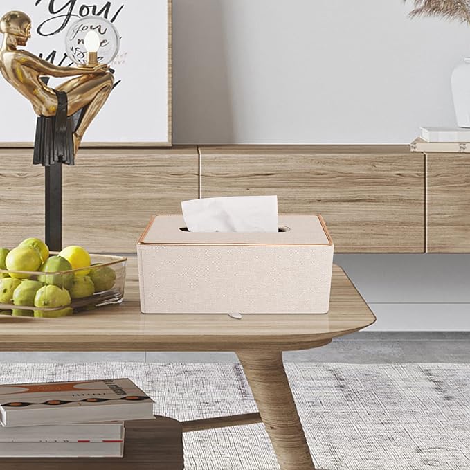 Fashion Leather Tissue Box Holder,Rectangular Tissue Box Cover for Bathroom Dresser Night Stand,Napkin Box Drawer Paper Dispenser,Home Office car Tissue Holder with Magnetic Bottom (Beige) - Image 7