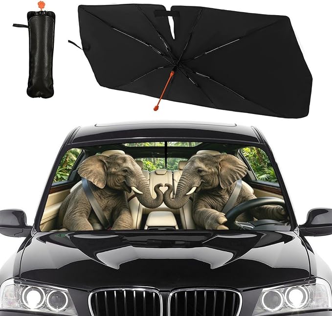 Elephant Driving Car Windshield Sun Shade Umbrella Elephant Gifts for Women Foldable Funny Animal Sunshade for Car Windshield Block UV Rays for Fits Most Sedans SUV Trucks Cars 57"x30" - Image 2