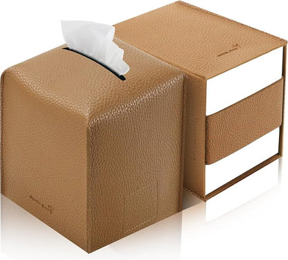 Tissue Box Cover 5X5X5'' PU Leather Tissue Holder Square Tissue Cube Box Organizer for Bathroom Vanity Countertop, Car, Night Stands, Office, Home, Kitchen (2Pack, Brown) by PENGLONGHOMEDECORATION