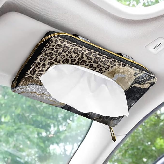 Biyejit 2 Pack Car Tissue Holder, Leopard Marble PU Leather Tissue Dispenser - Image 2