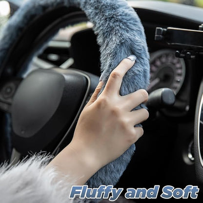 SEG Direct Furry Steering Wheel Cover Fluffy Fuzzy Gear Shift, Blue Gray | Gear Shift Cover, 2 PCS Set, Soft and Warm, Cute Fur Auto Car Decor, Standard Size 14.5- 15 inch for Women Men - Image 3